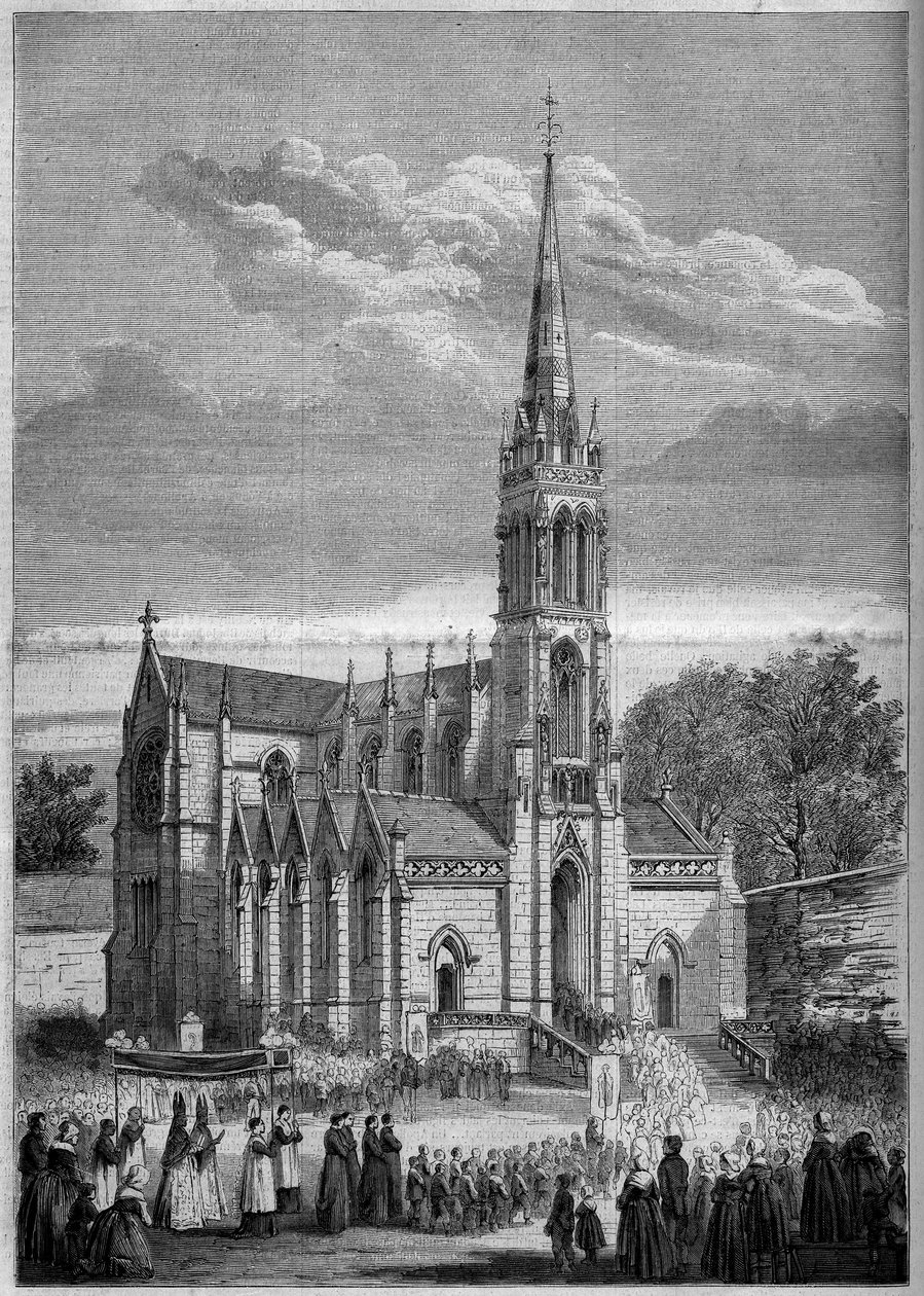 Religiøs arkitektur: generell utsikt over kirken Monfort le Retrou (i dag Montfort le Gesnois i Sarthe (72), dagen for dens innvielse i 1858. Fra en skisse av Mr. Moulin. Gravering i "" Le Monde Illustré"" n °77 av 2. oktober 1858. av French School