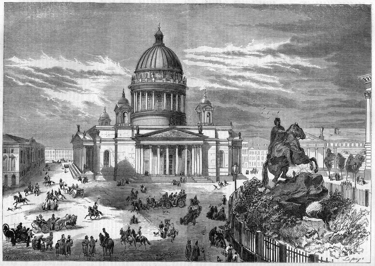 Religiøs arkitektur: utsikt over den ortodokse kirken Saint Isaac (1819-1858) i Saint Petersburg (Saint Petersburg) i Russland, bygget i henhold til planene til arkitekten Ricard de Montferrand (1786-1858). Til høyre er rytterstatuen av Peter av French School