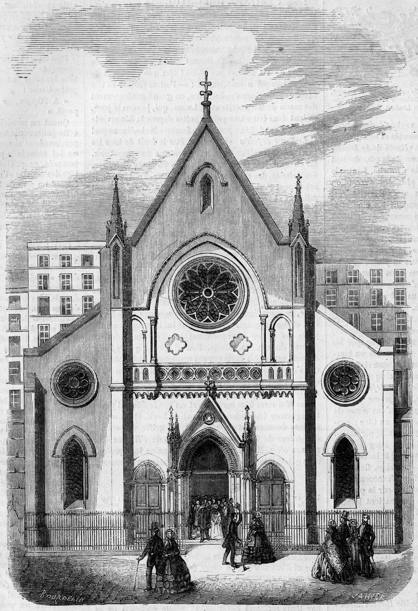 Religiøs arkitektur: utsikt over fasaden til tempelet for amerikanere som bor i Paris, rue de Berry, i 1857. Bygning bygget av arkitekten Mr. Salmon. Gravering i "" Le Monde Illustré"" nr. 33 av 28. november 1857. av French School