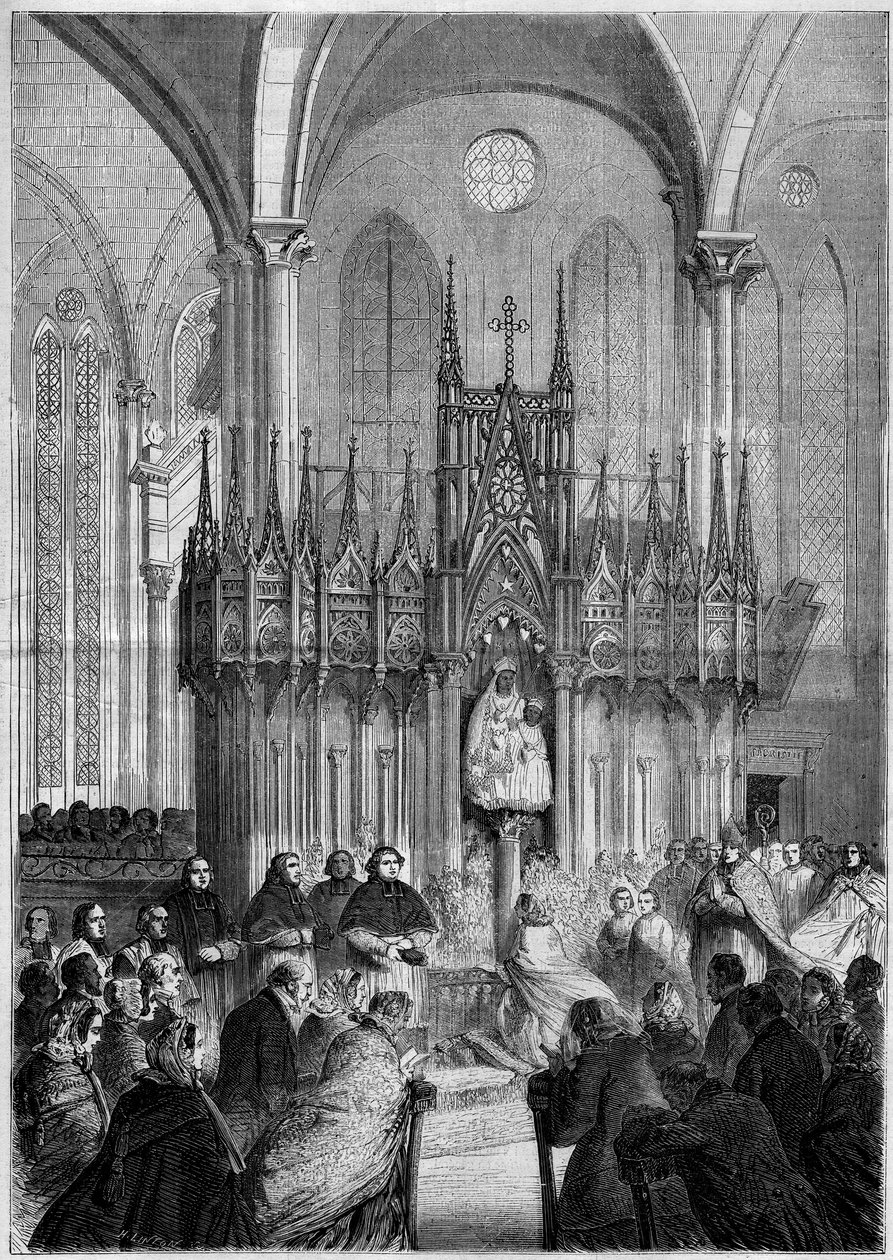 Religious art: statue of Notre Dame du Pillar or “” Virgo Noire”” (about 1540) in the cathedrale of Chartres (Eure et Loire, 28) in 1858. Engraving in “” Le Monde Illustré”” n°89 of 25 December 1858. av French School