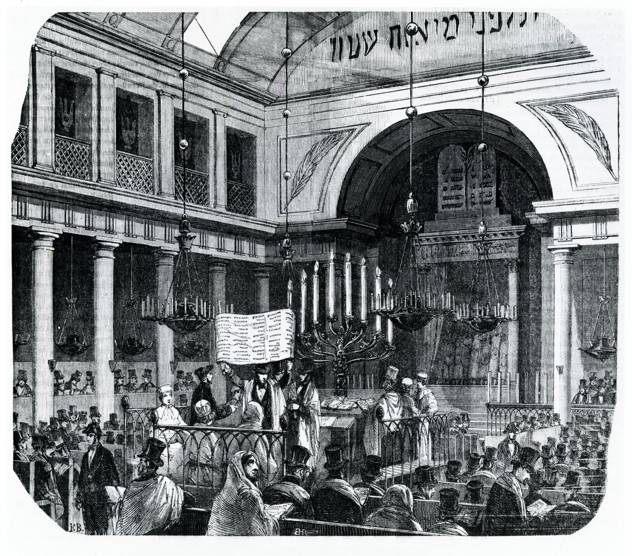 Religiøs seremoni ved den gamle synagogen i Paris for Rosh Hashana, illustrasjon fra Le Tableau de Paris av Edmond Texier, utgitt i Paris, 1852 av French School
