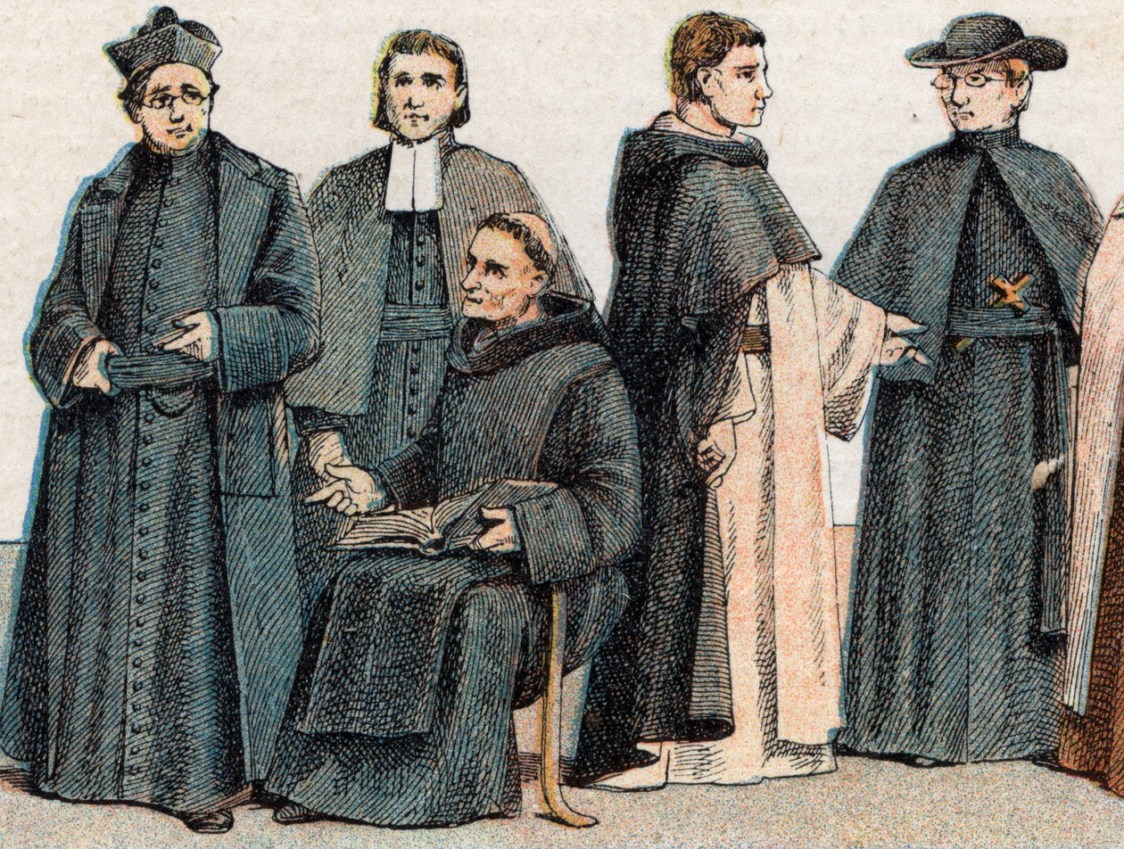 Religiøse kostymer: fra g a d portrett av en jesuitt, en far Mariste (Marcellin Champagnat), en benediktinermunk, en dominikanermunk og en oblat - Gravering - Religiøse drakter: fra venstre til høyre, portrett av en jesuitt, en maristbror, en benediktiner  av French School