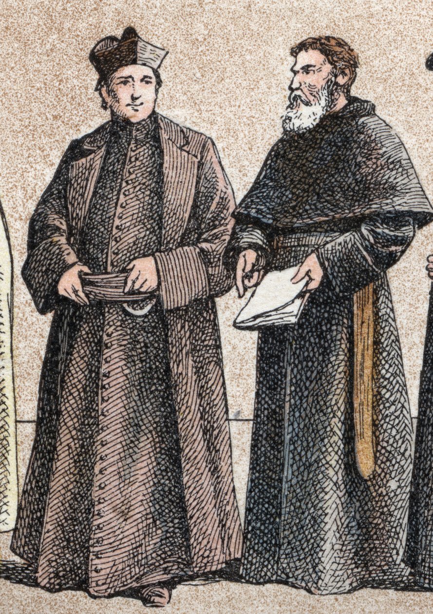 Religiøse drakter: fra g a d portrett av en jesuite og en assumpsjonistbror (medlem av kongregasjonen av Augustinians of the Assumption) - Gravering - Religiøse drakter i antikken: fra venstre til høyre, portrett av en jesuitt og en Assum av French School
