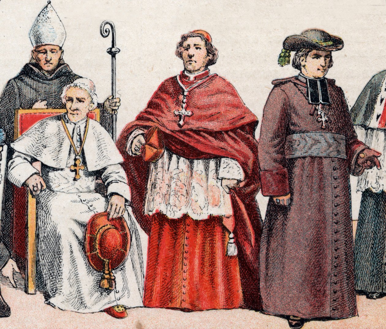 Religiøse kostymer: fra g til d en eveque iført gjæring og med bispestolpen, pave Leon XIII (Leone XIII) sittende, en kardinal i prelatisisk screed (eller cappa magna), og en eveque i frakk - fra l til r, biskop med gjæring og korsing, paven L av French School