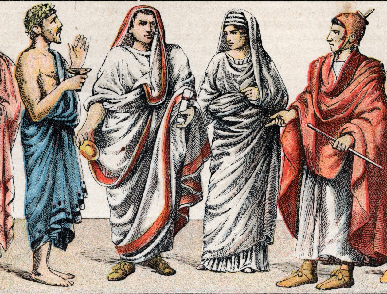 Religiøse kostymer i antikken: fra et portrett av en gresk prest, offerminister, en stor pave i det gamle Roma (Pontifex maximus), en vestal, en pretress fra det gamle Roma og en flamingo (flamen) romersk prest viet til tilbedelsen av en Gud av French School