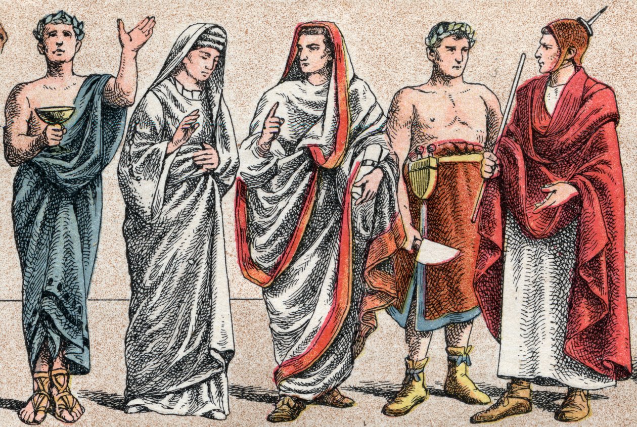 Religiøse kostymer i antikken: fra et portrett av en gresk prest, offerminister, en vestal, pretress fra det gamle Roma og en stor pave i det gamle Roma (Pontifex maximus), en popa og en flamino (flamen) romersk prest viet til tilbedelsen av o av French School