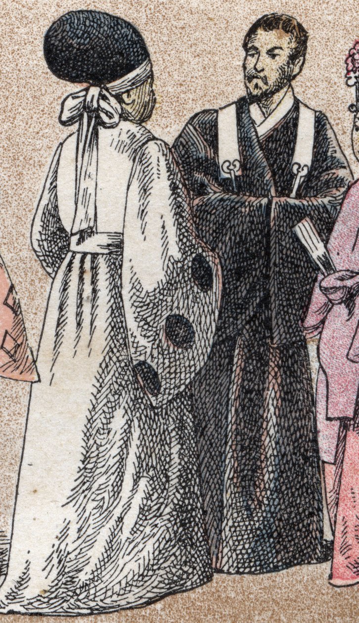 Religiøse drakter i Asia: to shintoprester fra Japan - Gravering - Religiøse kostymer i Asia: to shintoprester fra Japan - Gravering - Privat samling av French School