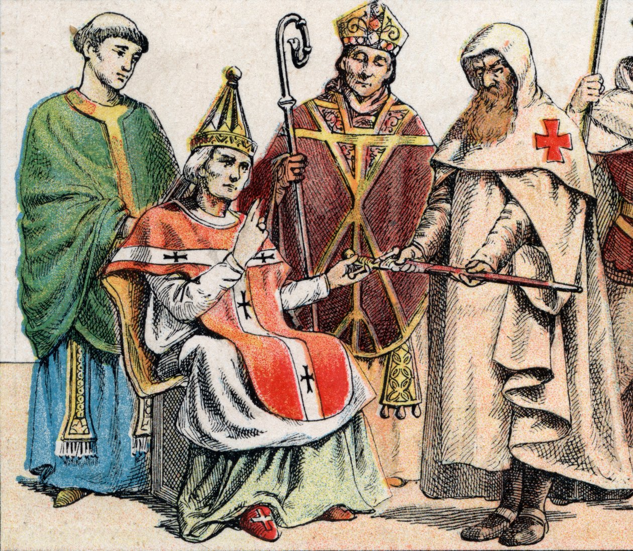 Religiøse drakter i middelalderen: fra g til d en prest på 1000-tallet, en pave på 1000-tallet, en eveque (med gjæring og rumpe) til 1100-tallet og medlem av Hospitallerordenen (Orden of St. Johannes av Jerusalem) - Religiøse kostnader av French School