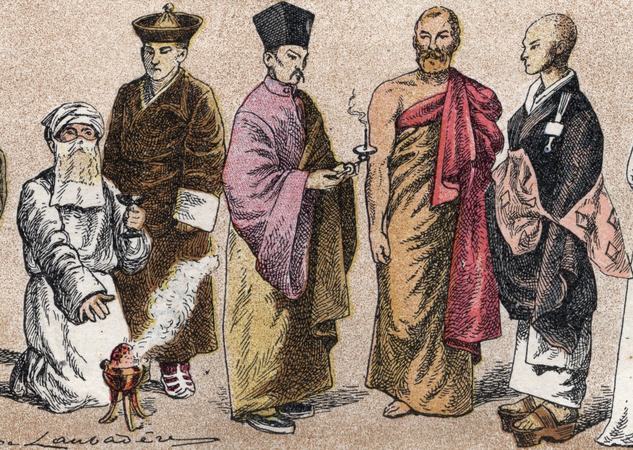 Religiøse kostymer i Asia: fra et portrett av en prest Parsi (parse eller tilhenger av parsisme), Lama (tibetansk åndelig mester), kinesisk buddhistprest, Ceylon bonze og japansk buddhistprest - Gravering - Religiøse kostymer i Asia: fra venstre til rigg av French School