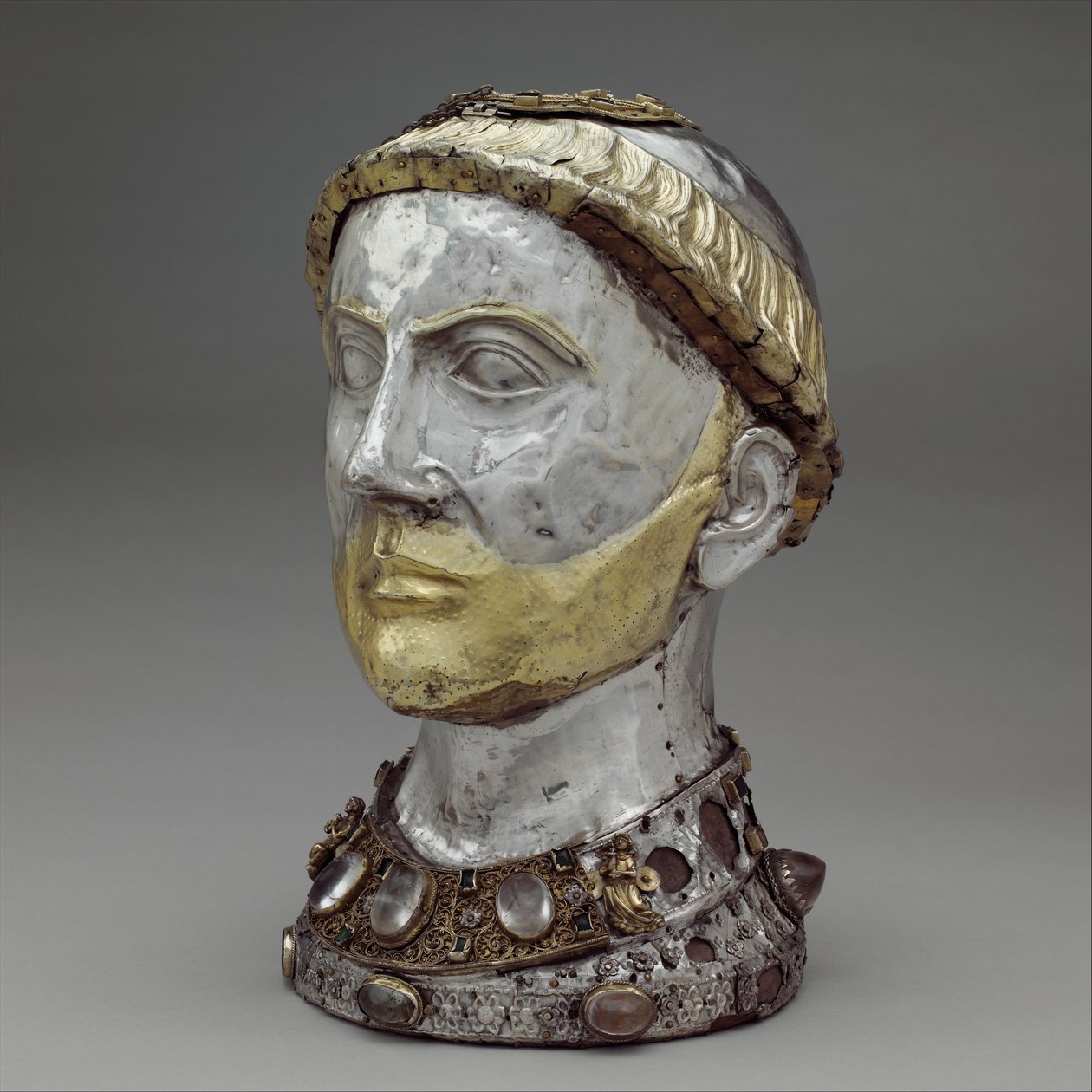 Relikviebyste av Saint Yrieix, ca. 1220-40 (forgylt sølv med bergkrystall, edelstener og glass) av French School