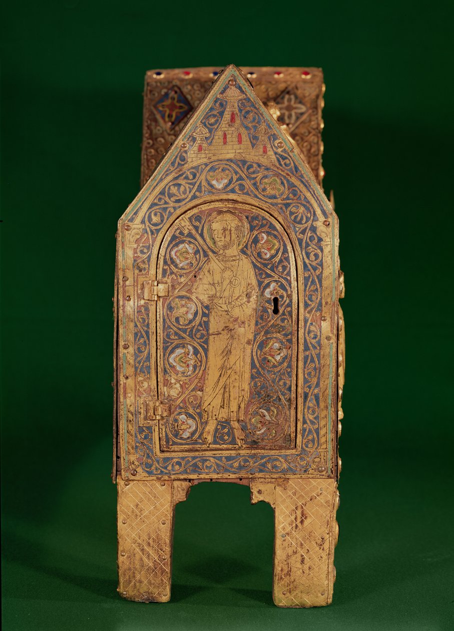 Reliquary chest of St. Calminius, detail of St. Peter holding the keys, Limoges (copper & champleve enamel) av French School