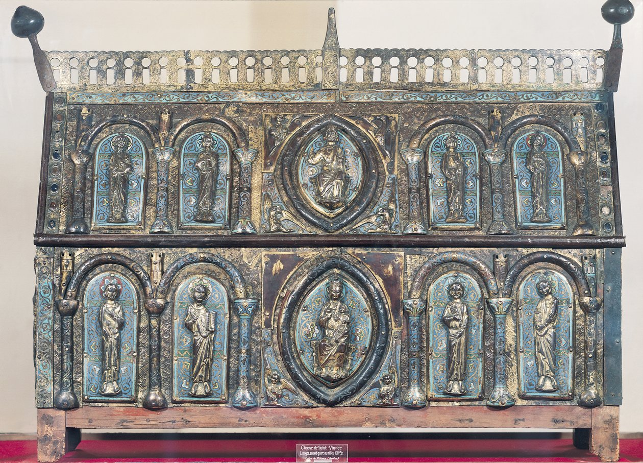 Relikvieskrin fra St. Viance, Limousin School, ca. 1230-50 (forgylt kobber og champleve-emalje) av French School