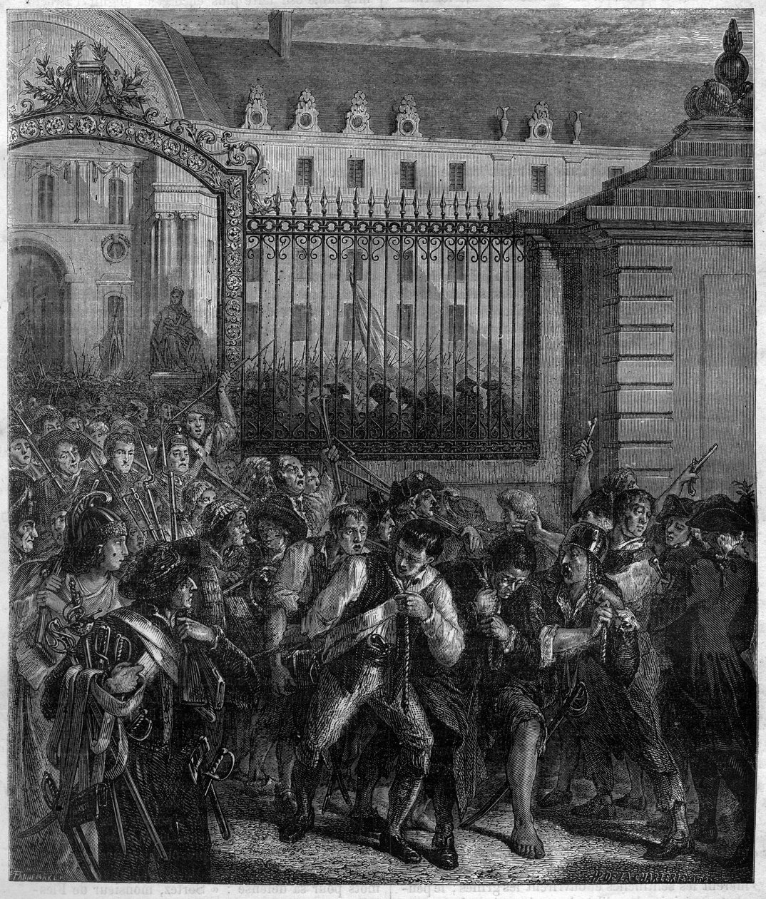 Removal of weapons from the Invalids by the people “against despotism, insurrection is the most sacred of rights and the most holy of duties”. Engraving in “Histoire des Papes-Rois-Queen and Empereurs a travers les centuries”” by Maurice Lachatre av French School