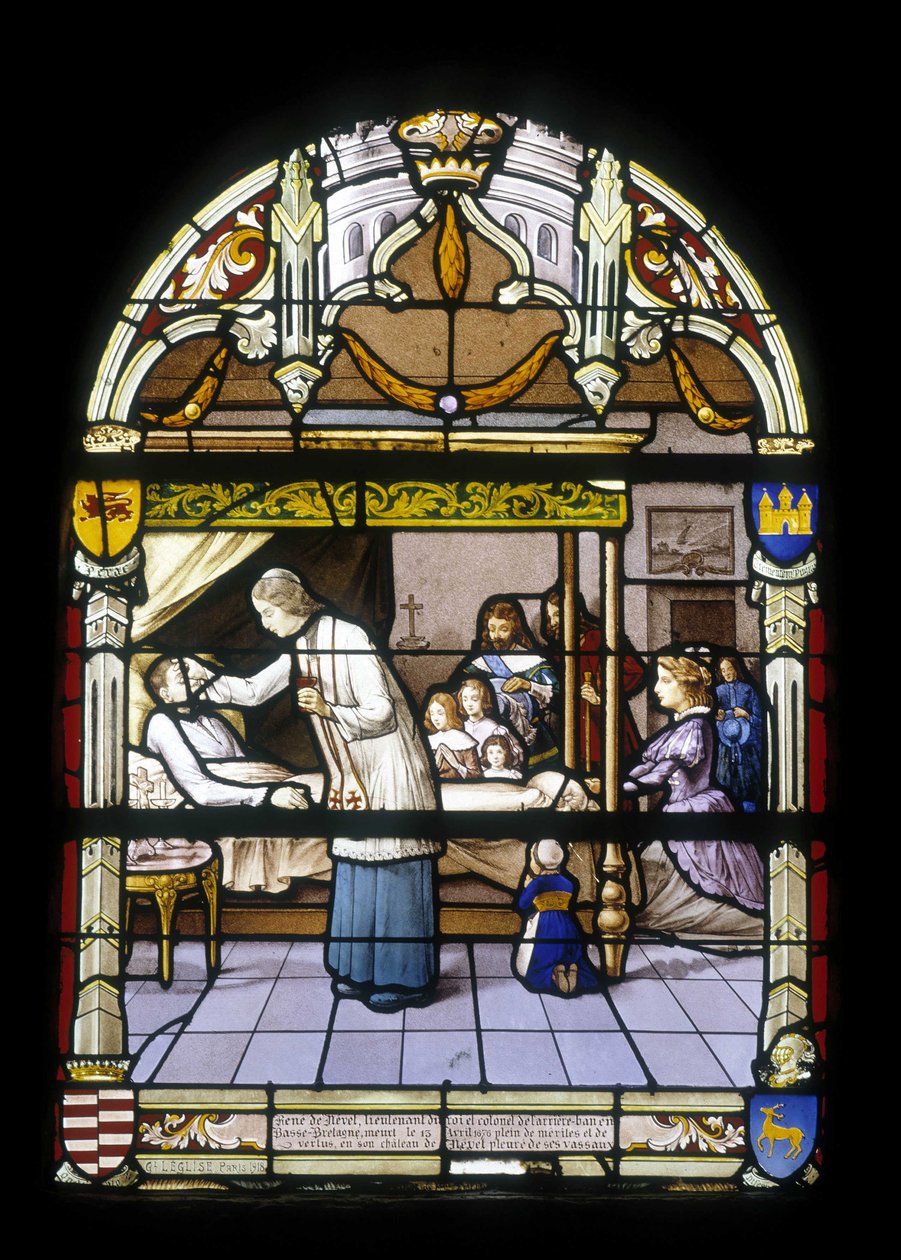 René de Neval, løytnant for kongen og oberst på bakbenken i Nedre Bretagne, døde 13.04.1676, full av fortjenester og dyder i slottet sitt i Neval, gråt av vasallene hans - glassmalerier i kirken St Germain i Kerlaz av French School