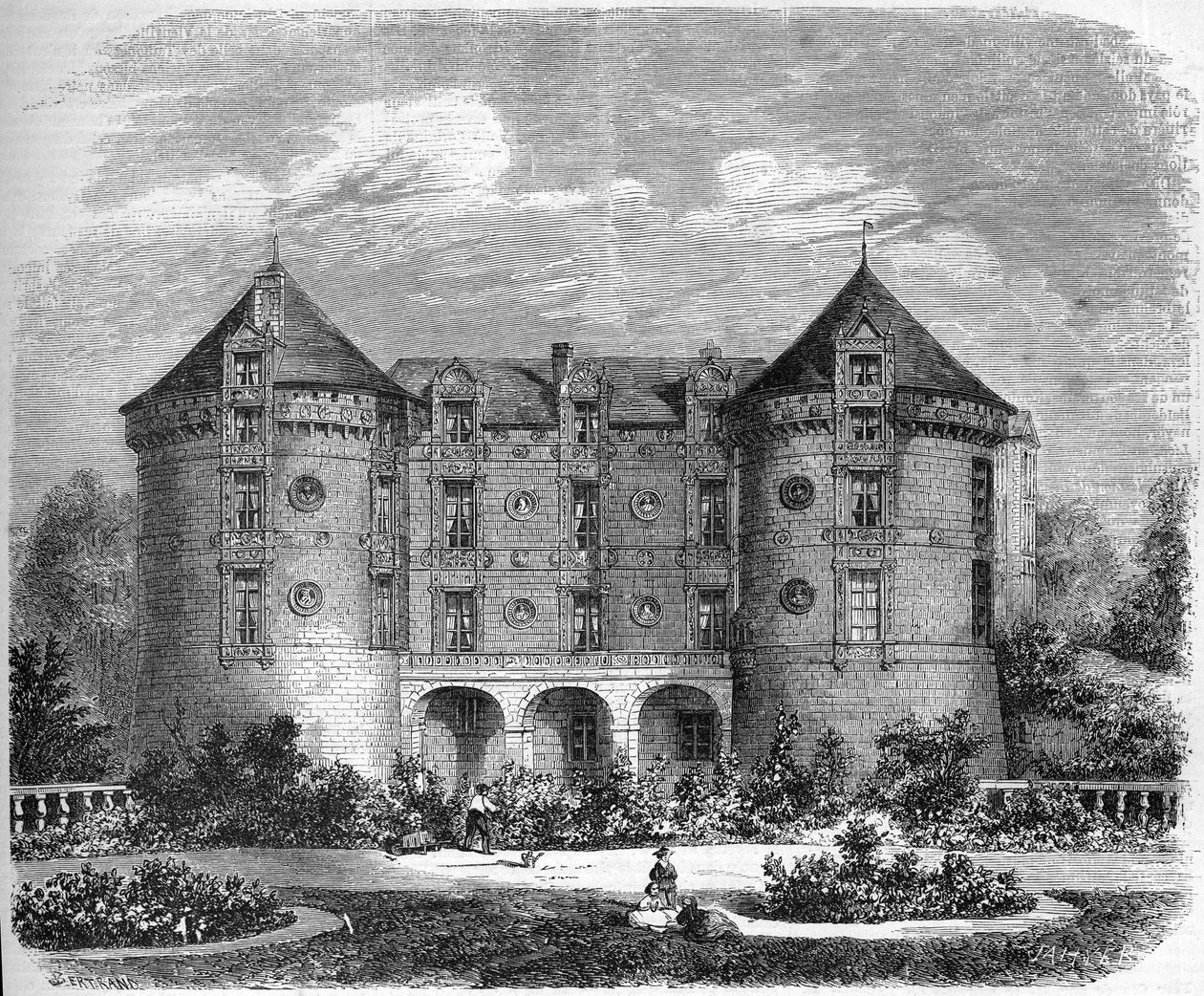 Renessansearkitektur - slottene i Loire: utsikt over fasaden til Chateau du Lude i 1857. Le Lude, Sarthe (72). Gravering i "" Le Monde Illustré"" nr. 28 av 24. oktober av French School