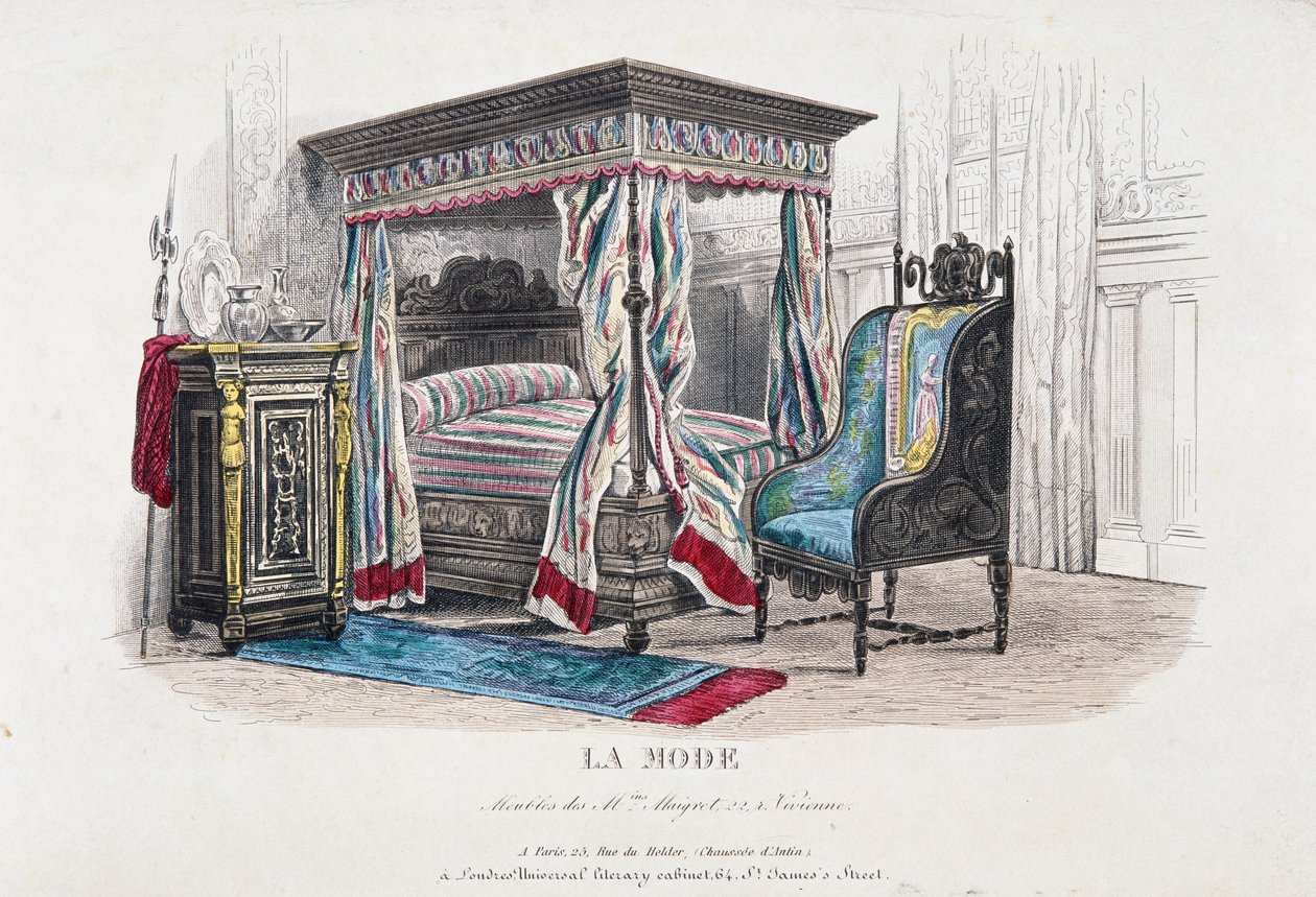 Interiør i renessansestil revidert og tolket i smaken av Napoleon III-tiden, gravering fra magasinet La Mode (Fashion), Frankrike av French School