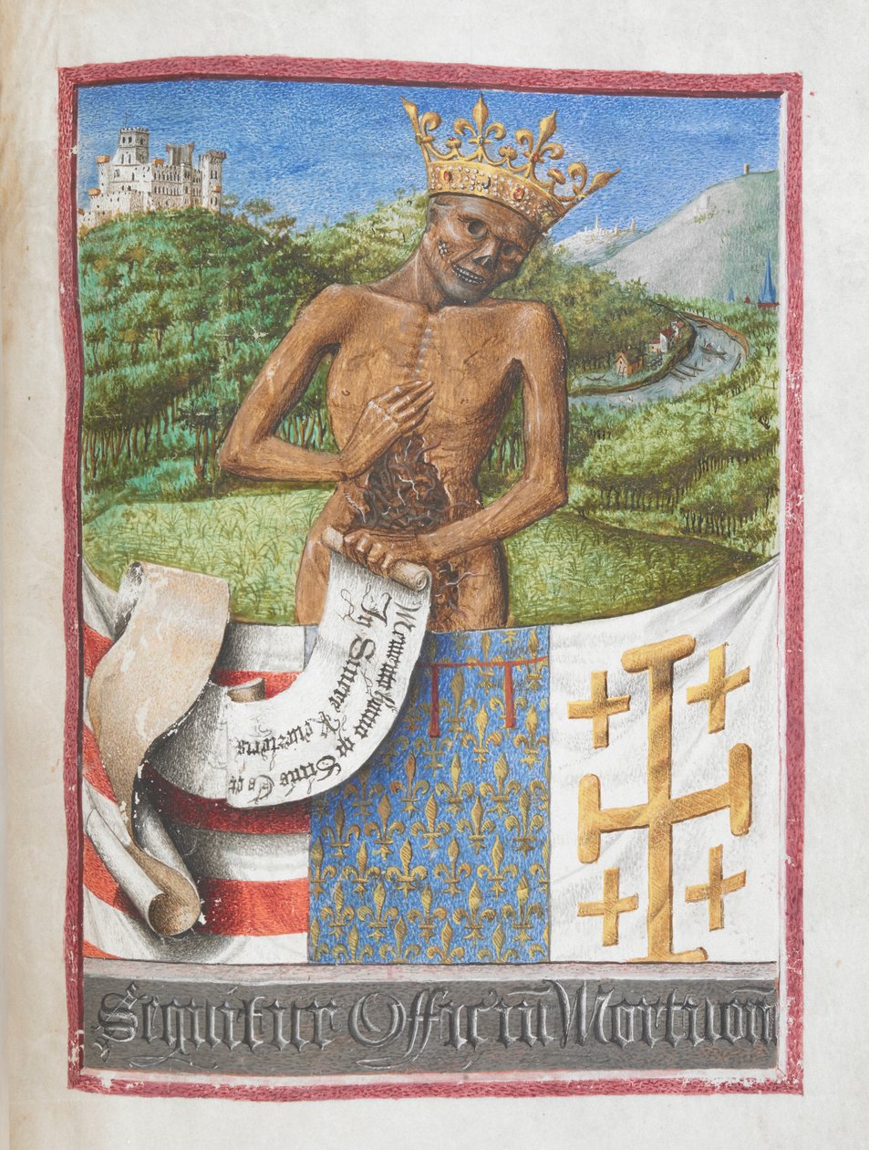 Rene, hertugen av Anjou som et kronet skjelett, fra Timeboken til Rene av Anjou (vellum) av French School