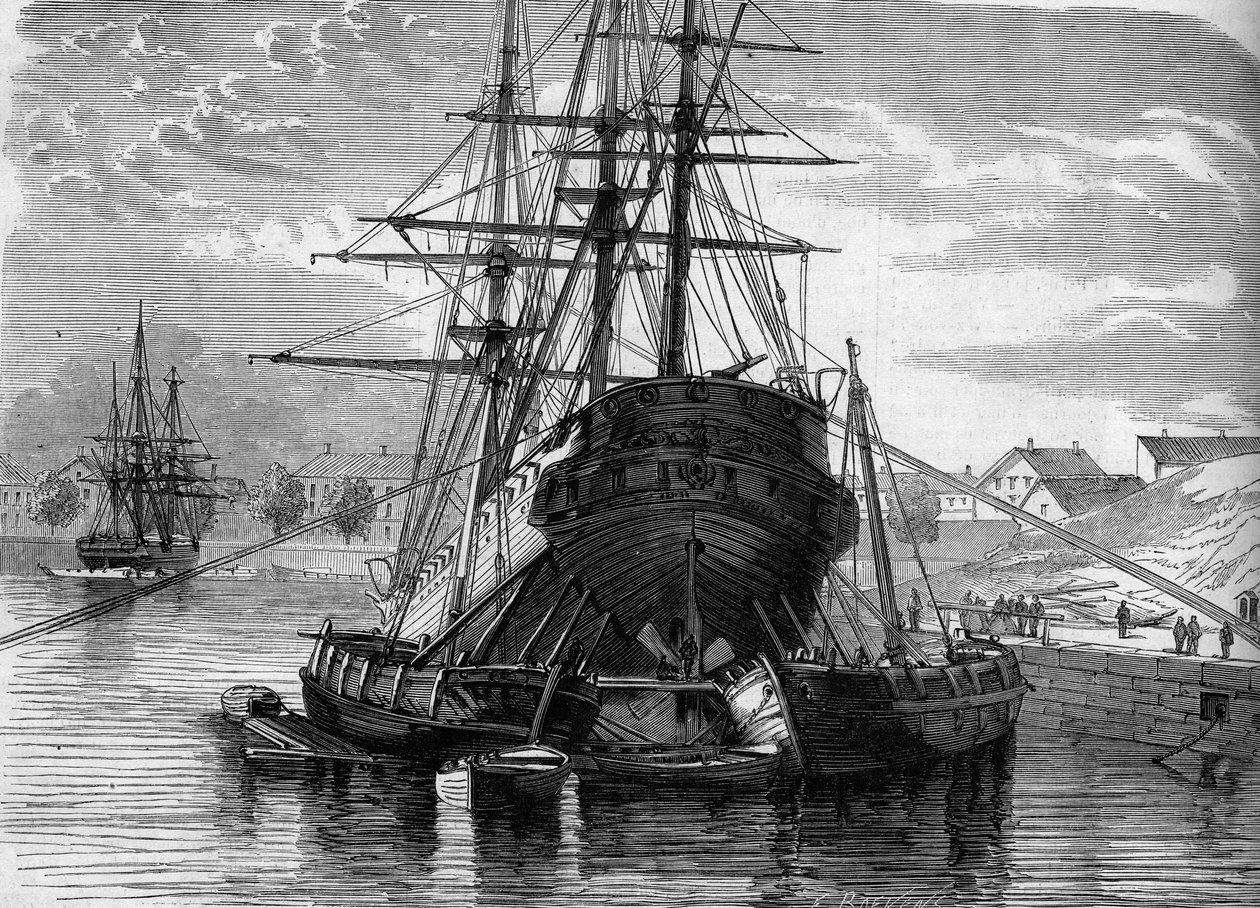 Reparasjon av et skip (damperen "Vera Cruz"): vi løfter den bakre for å sette spiralen oppdaget. 1863. Gravering i “” Le Monde Illustré”” nr. 320 av 30. mai 1863. av French School