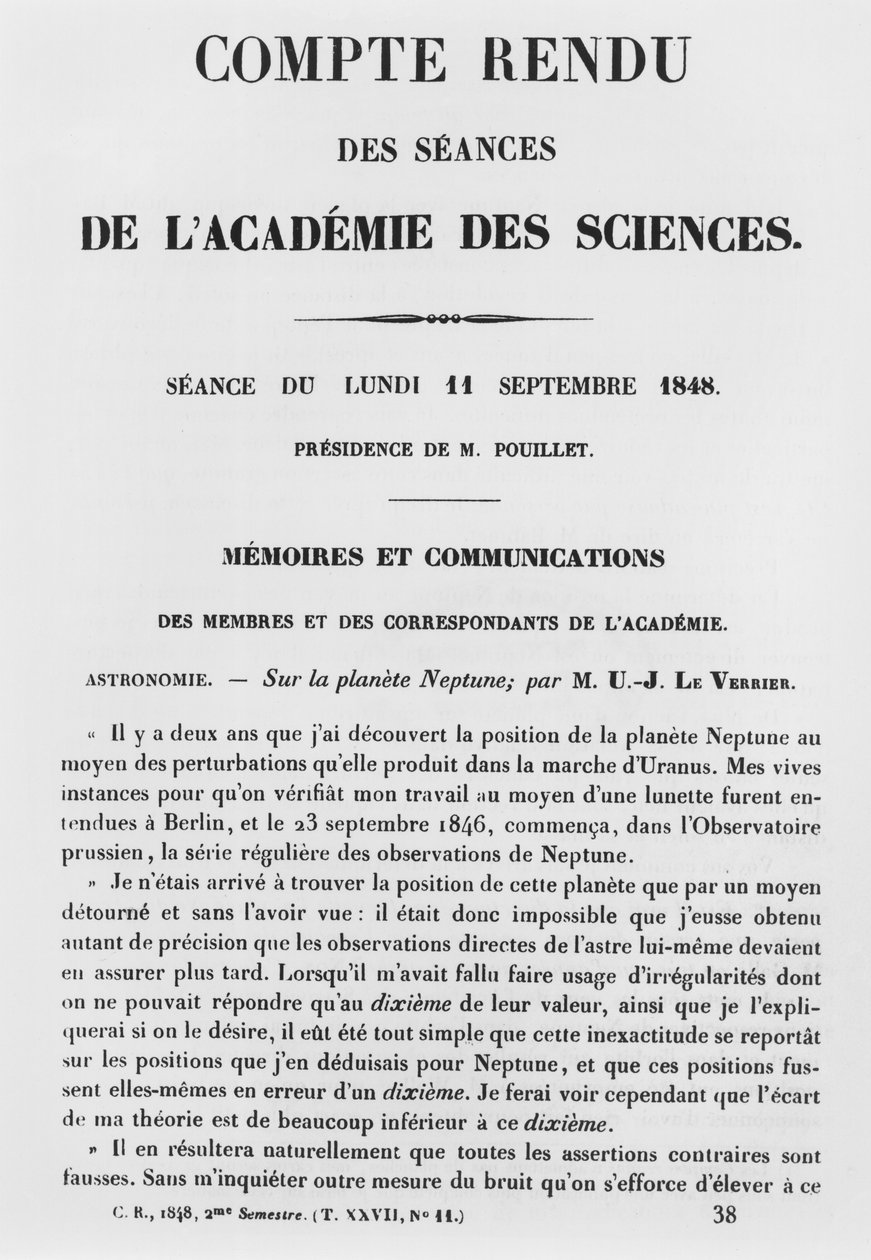 Rapport fra øktene ved Academie des Sciences av Jean Joseph Le Verrier (1811-77) på planeten Neptun, 11. september 1848 av French School