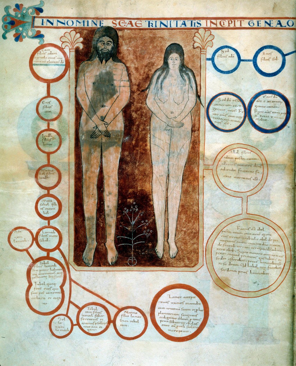 Representasjon av Adam og Eva, de røde medaljongene representerer linjen til Kain, ødelagt av Deluge Miniature som illustrerer kommentarene til "Apokalypsen ifølge Saint John" skrevet i 775 av munken Beatus de Liebana av French School