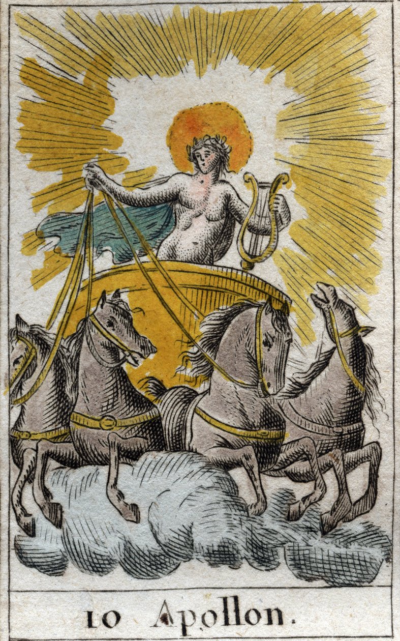 Representation of Apollo, god of singing, music and poetry, on his chariot (Apollo, God of light, music, poetry). From “Mythology of Youth” by Pierre Blanchard 1803. av French School