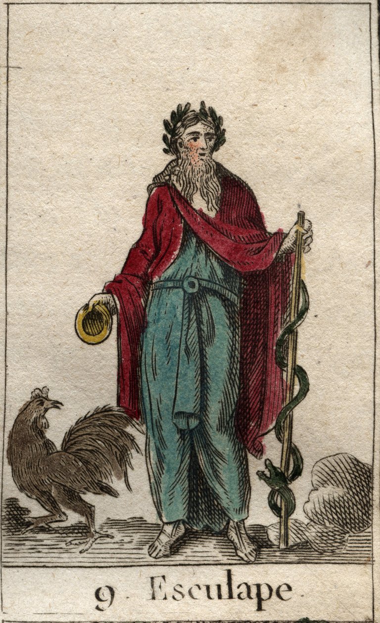 Representasjon av Asclepios, medisinens gud, han holder i hånden en stokk av Asclepios (løvfellende), en pelerinstang som er pakket inn en slange, symbol på kunnskap (medisinens gud, Asclepius (eller Asclepios eller Aesculapius) som holder en stang av Ascl av French School
