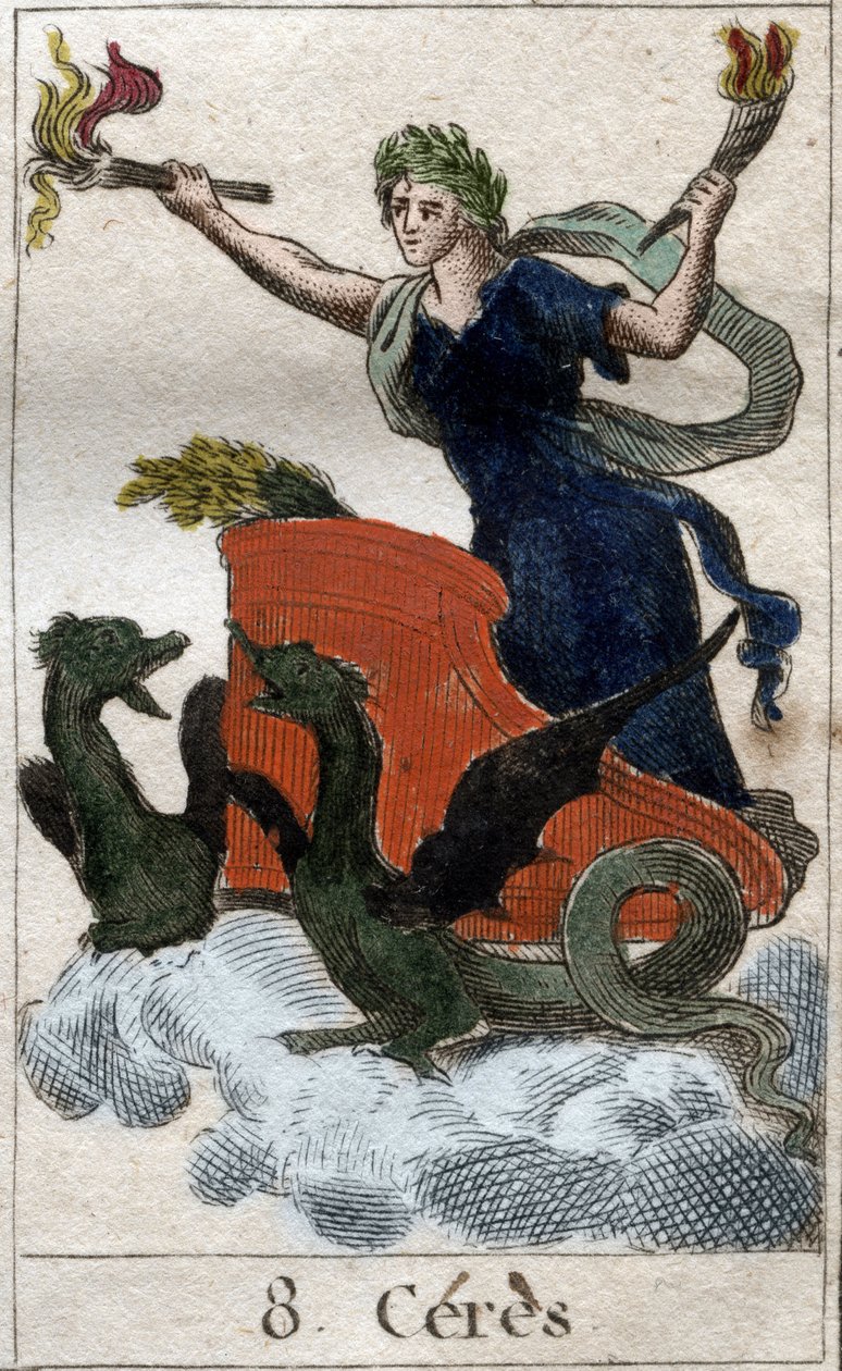 Representasjon av Ceres på sin vogn, gudinne for jordbruk, høsting og fecondite (Ceres, gudinne for jordbruk, fruktbarhet, representert på en vogn). fra "Mythologie de la jeunesse" av Pierre Blanchard 1803. av French School