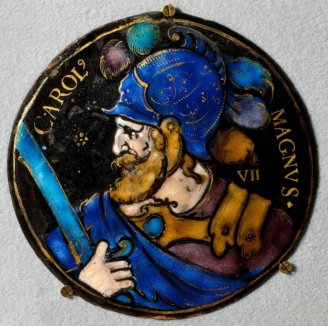 Representasjon av Karl den Store (Karl I den store) (742 - 814), konge av Frankrike. Medaljong i e-post fra Limoges på 1500-tallet. Hør, National Renaissance Museum av French School
