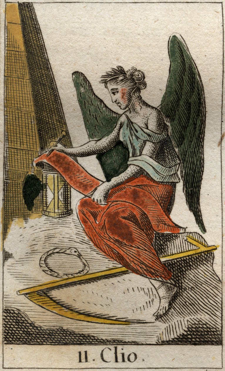 Representasjon av Clio, historiens muse, som en ung jente kronet med laurbær, som holder en rull med papyrus i hånden for å registrere historiske fakta (Clio (eller Kleio), historiens muse, kronet med laurbær og holder en pergamentrull). Fra "Mythology of  av French School