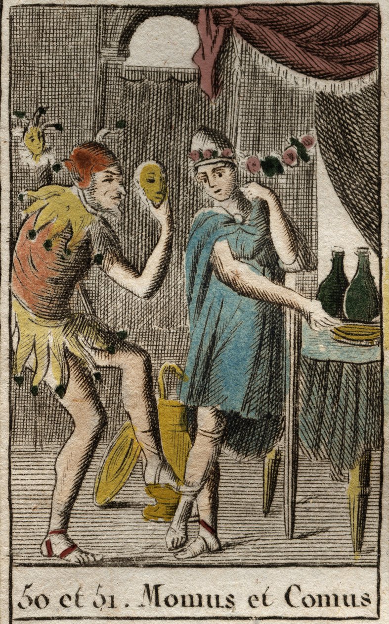 Representation of Comus, divinite of gourmets and cuisine, he presides feasts, represente leans on a stake with a torch and Momos, personification of the mockery and Sarcasm, he is represented as a court jester. (Momus the personnification of satire and mo av French School