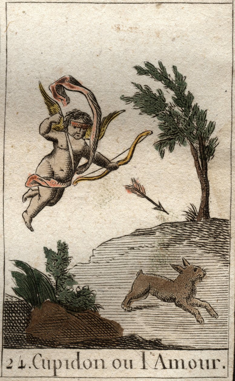 Representation of Cupid, or Amour, servant of Venus, as a child blindfolded, drawing an arrow (Cupid, god of Love, as a child blindfolded, drawing an arrow). From “Mythology of Youth” by Pierre Blanchard 1803. av French School