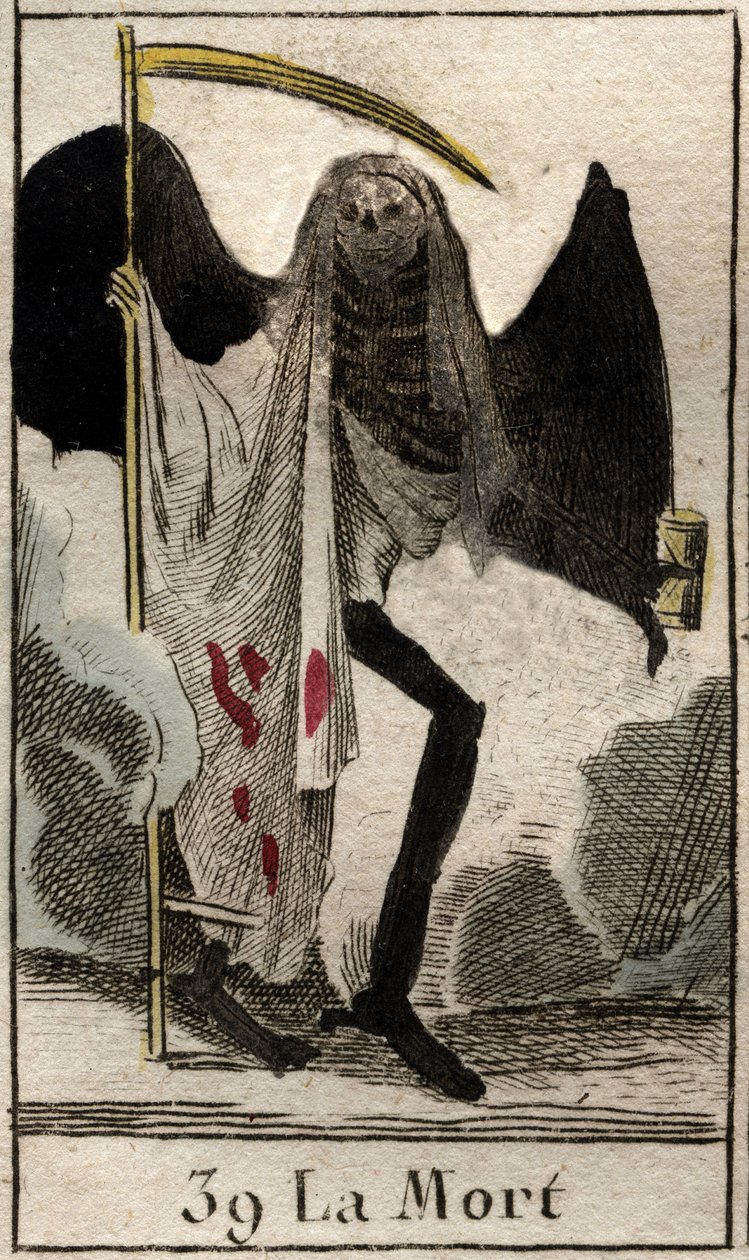 Representasjon av døden, skjelett kledd i svart og vinge, han holder en stor falsk. (Døden, bevinget skjelett kledd i svart, holder en ljå) Fra "Mythologie de la jeunesse" av Pierre Blanchard 1803. av French School