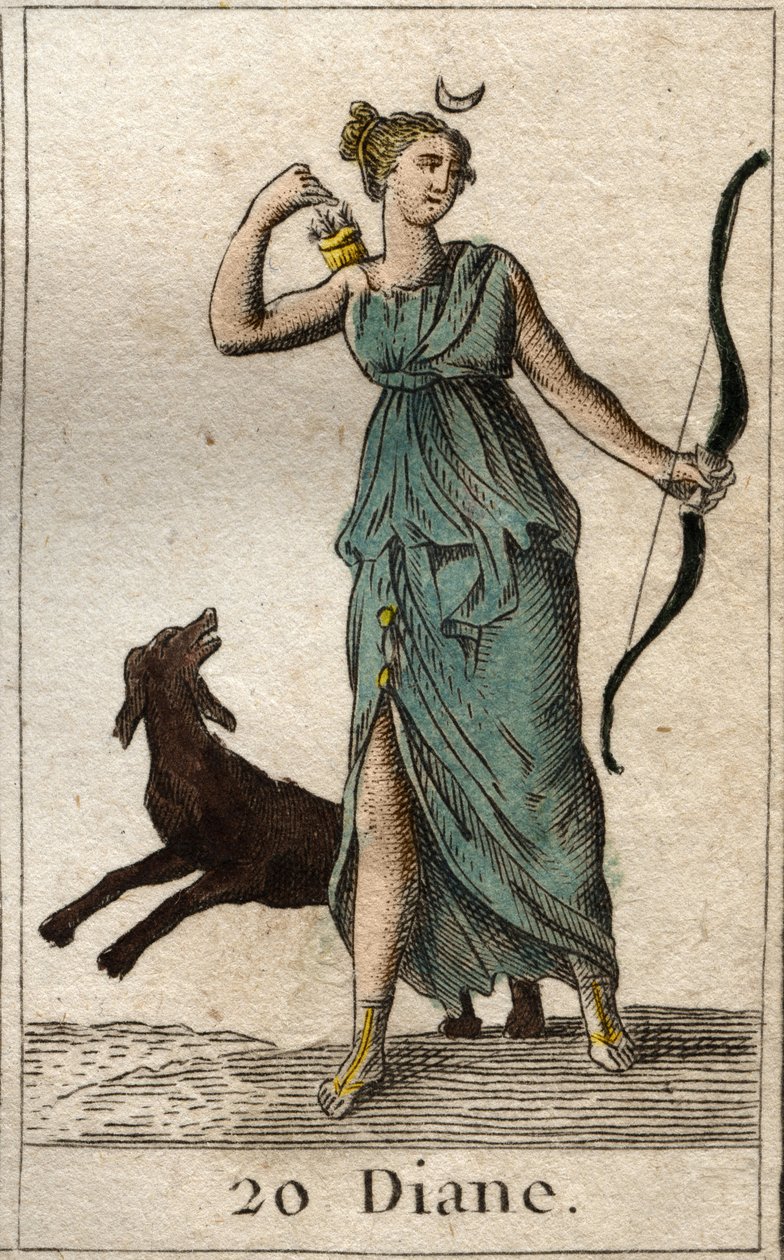 Representation of Diana, goddess of the hunt, she holds a bow and arrows (Representation of Diana, goddess of the hunt). From “Mythology of Youth” by Pierre Blanchard 1803. av French School