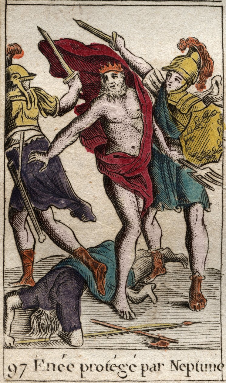 Representation of Enee who, protected by Neptune, deviates from the fight against Achilles. (Representation of Aeneas who, protected by Neptune, departs the fight against Achilles). From “Mythology of Youth” by Pierre Blanchard 1803. av French School