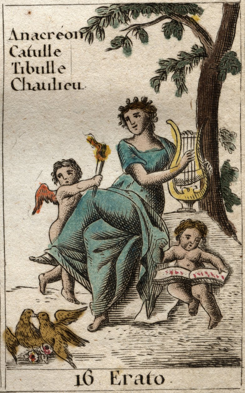 Representation of Erato, muse of lyric poetry, holding a lyre (Representation of Erato, Muse of lyric poetry, holding a lyre). From “Mythology of Youth” by Pierre Blanchard 1803. av French School