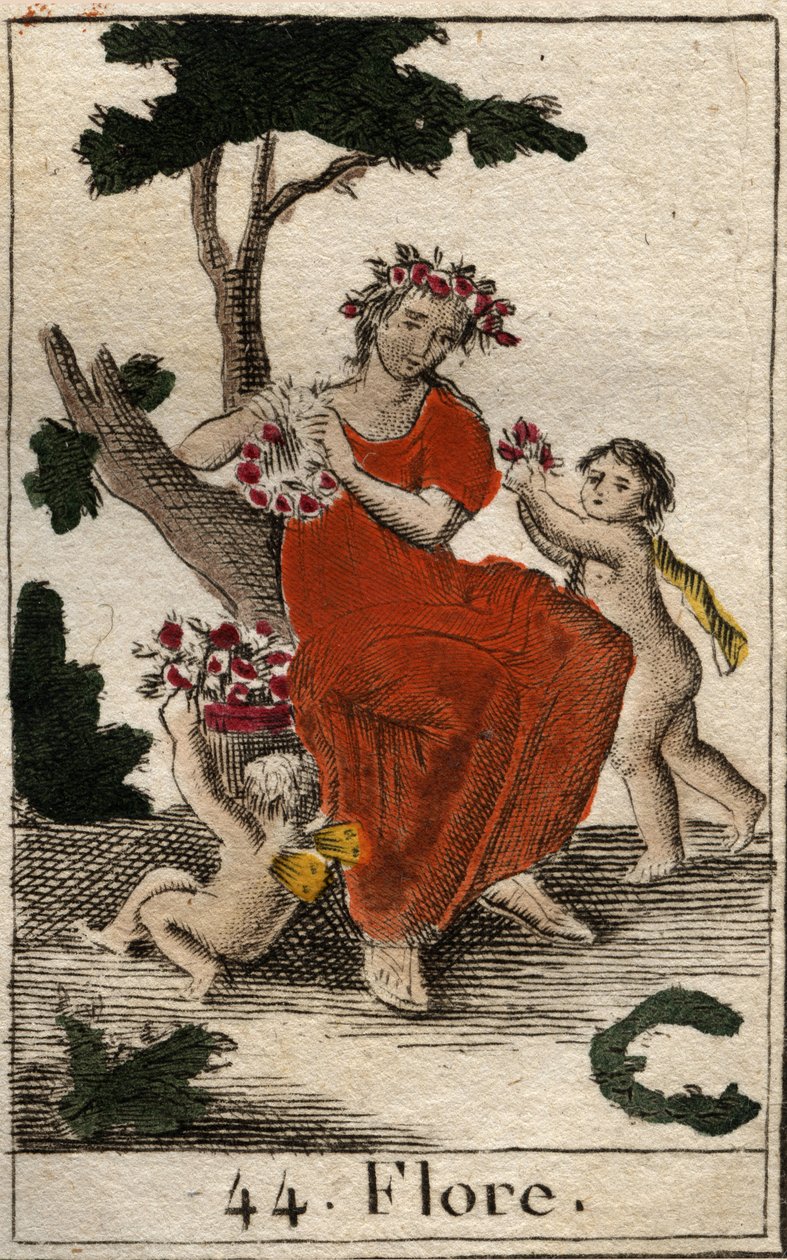 Representasjon av Flora (Flora), blomstergudinnen. (Flora, blomstergudinnen og vårsesongen) Fra "Mythologie de la jeunesse" av Pierre Blanchard 1803. av French School