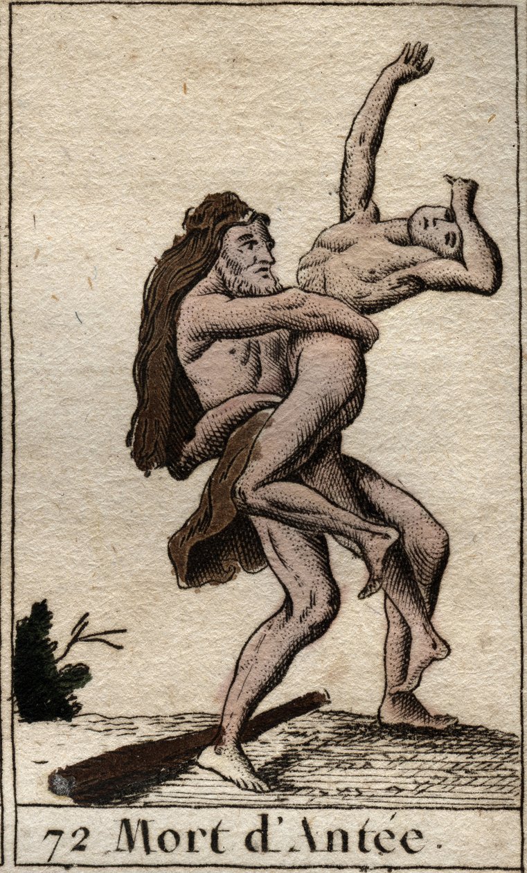 Representation of Hercules Terrassant Ante, King of Libya (Heracles (Hercules) killing Antaeus with a bearhug) From “Mythology of Youth “” by Pierre Blanchard 1803. av French School