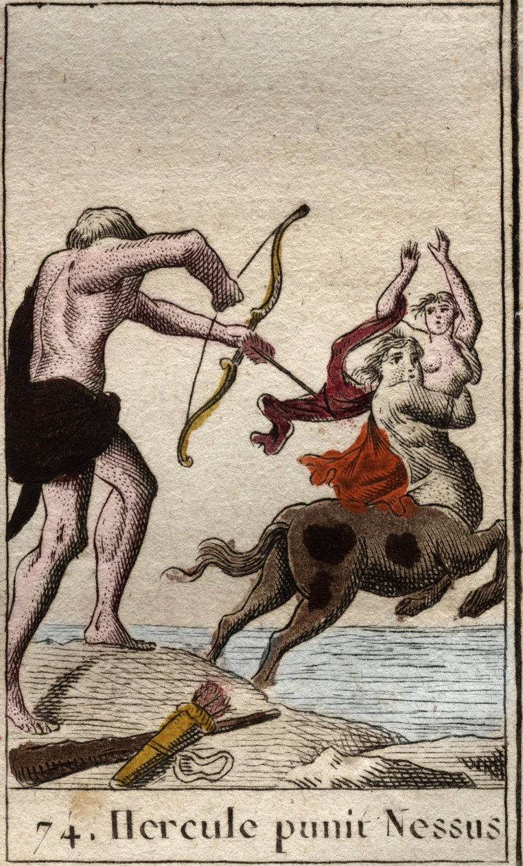 Representasjon av Hercules som decocherer en forgiftet pil til kentauren Nessus (Nessos) som kidnapper sin kone Dejanire (Hercules (Heracles) skjøt en forgiftet pil til kentauren Nessus som forsøker å kidnappe Deianira) Fra "" Mythologie de la jeunesse ""  av French School
