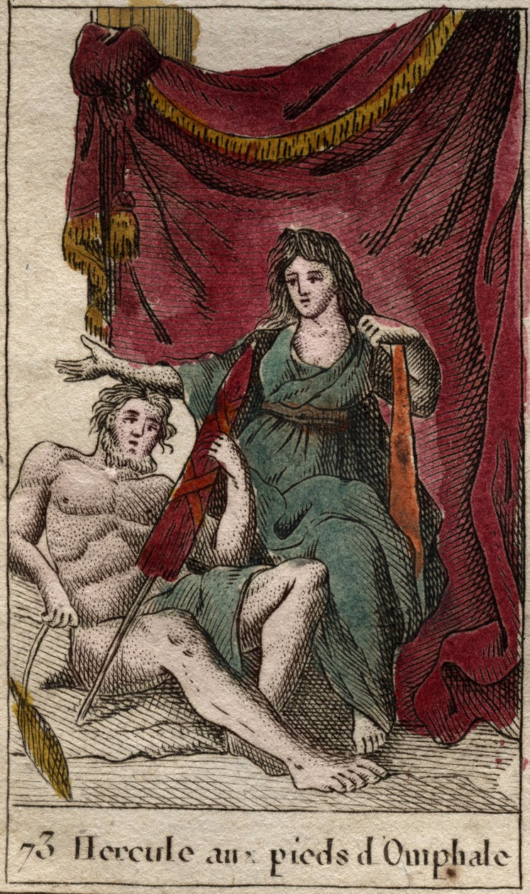 Representation of Hercules, lover of Omphale, stretches a ses pieds, holding a cenouille (Heracles (Hercules) lying at the feet of Omphale he