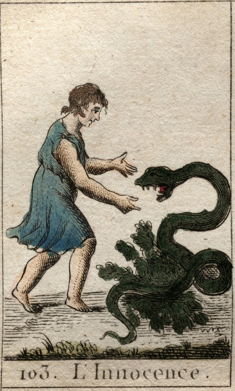 Representasjon av uskyld, som et barn som mater en farlig slange. Fra "Mythology of Youth" av Pierre Blanchard 1803. av French School
