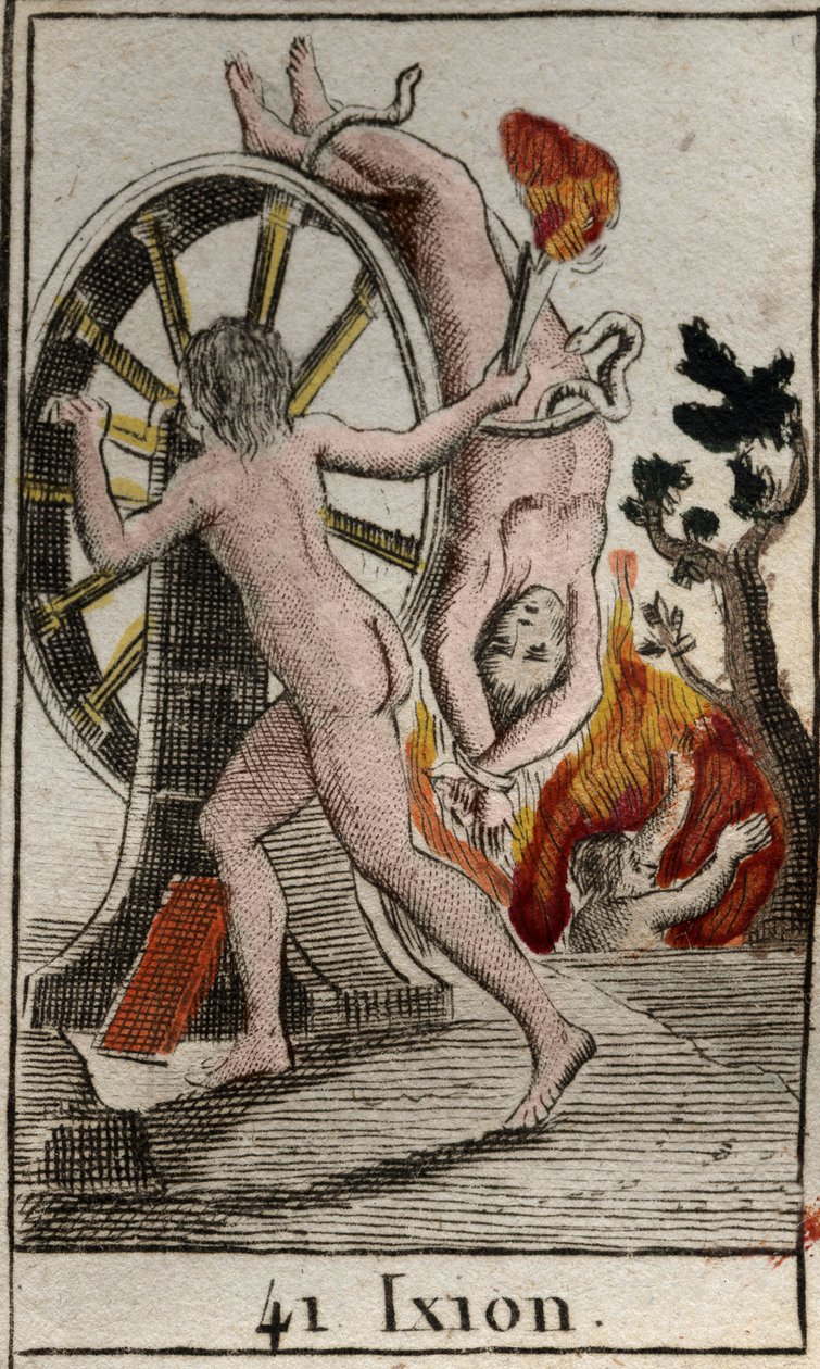 Representation of Ixion, punished by the gods, he is condemned to be chained to a burning wheel that turns endlessly. (Ixion, punished by the Gods, is binded to a winged fiery wheel that always spin) From “Mythologie de la jeunesse “” by Pierre Blanchard 1 av French School