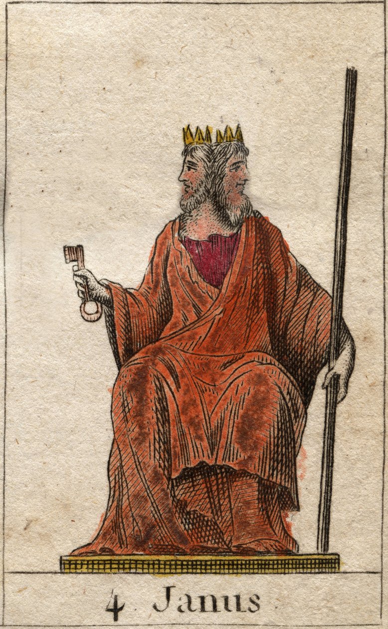 Representasjon av Janus, begynnelsens guddom og passasjer, han er representert med to ansikter (Janus (eller Ianus) er guden for porter, dører, begynnelser og avslutninger, representert med to ansikter og en nøkkel). Fra "Mythology of Youth" av Pierre Blan av French School