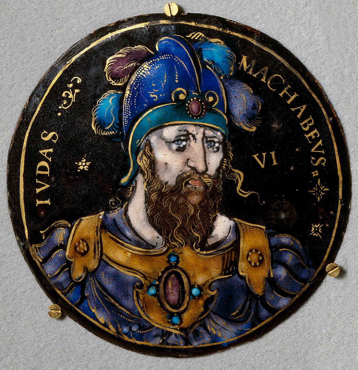 Representasjon av Judas Macchabee (Maccabee eller Macabee), med kallenavnet hammeren, etterfølgeren til hans far Matathias (Matathias, Mattathias) i spissen for jødenes opprør mot undertrykkelsen av selevicidene. Medaljong i e-post fra Limoges of the av French School