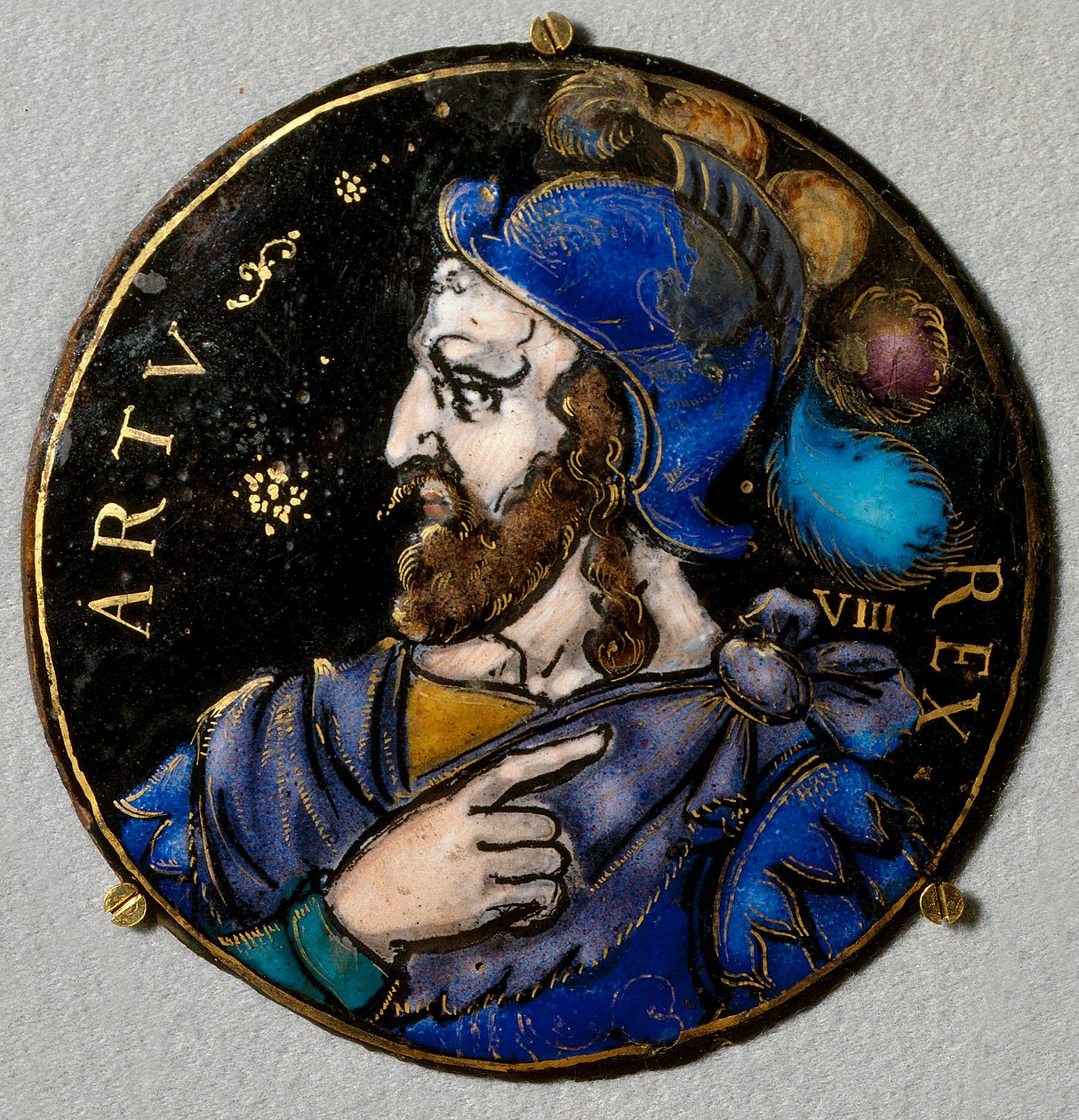 Representasjon av kong Arthur, legendarisk konge av Bretons (6. århundre). Medaljong i e-post fra Limoges på 1500-tallet. Hør, National Renaissance Museum av French School
