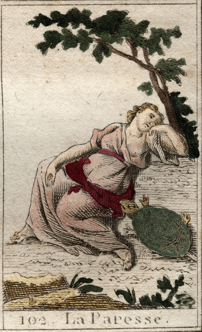 Representasjon av latskap, datteren til Natten og søvnen som en ung mann med en skilpadde. Fra "Mythology of Youth" av Pierre Blanchard 1803. av French School