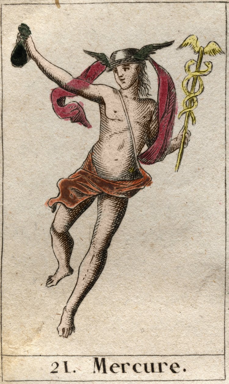 Representasjon av Merkur, gud for handel, reise og budbringer for andre guder. Han holder en caduceus, og bærer en petase (Mercury, handelsguden og budbringer for de andre gudene, han holder en caduceus og bærer en petasos). Fra "Mythology of Youth&qu av French School