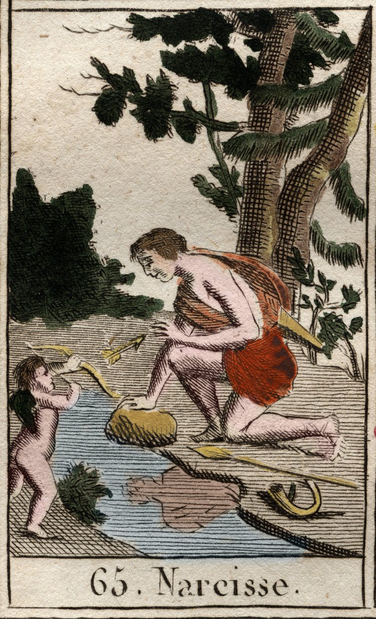 Representasjon av Narcisse, en ung mann forelsket i seg selv, ser han hele tiden på refleksjonen sin. (Representasjon av Narcissus, en ung mann forelsket i seg selv, han beundrer hele tiden ved refleksjonen hans). Fra "Mythology of Youth" av Pierre Blancha av French School