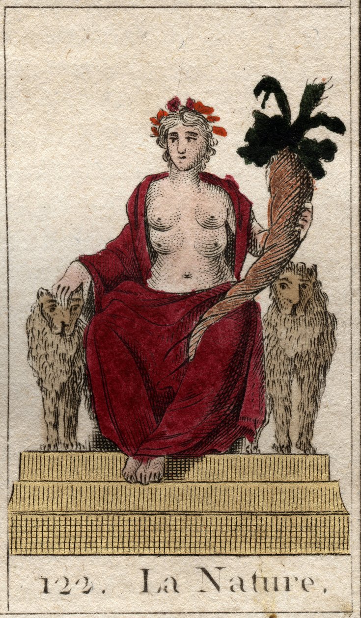Representasjon av naturen som en kvinne på en trone med et horn av overflod, med mange bryster for å mate alle vesener. (Naturen som en ung kvinne med et overflødighetshorn og flere spener for å mate alle vesener). Fra "Mythology of Youth" av Pierre Blanch av French School