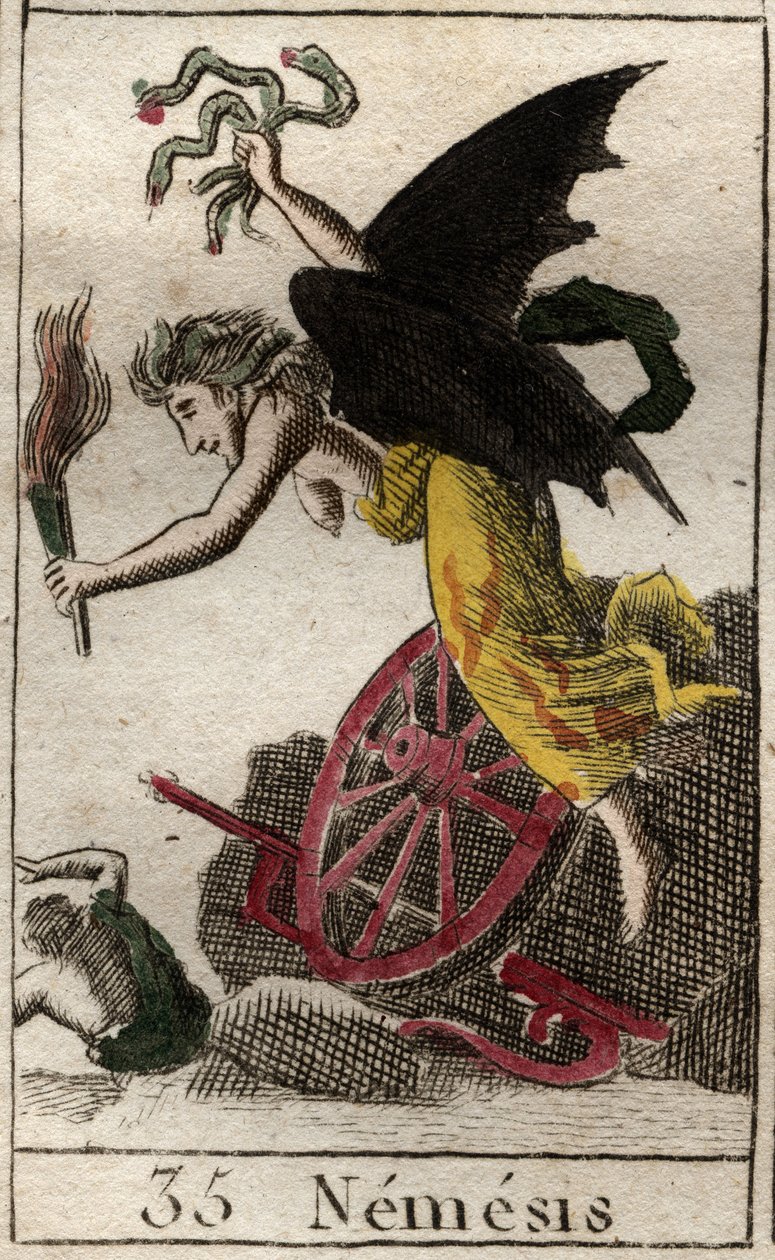Representasjon av Nemesis, hevnens gudinne, representert som en kvinne ailee som holder en fakkel, og slanger, hjul og ror indikerer at de forfulgte ofrene hennes til sjøs og til lands. (Nemesis, hevnens gudinne, representert som en bevinget kvinne, som ho av French School