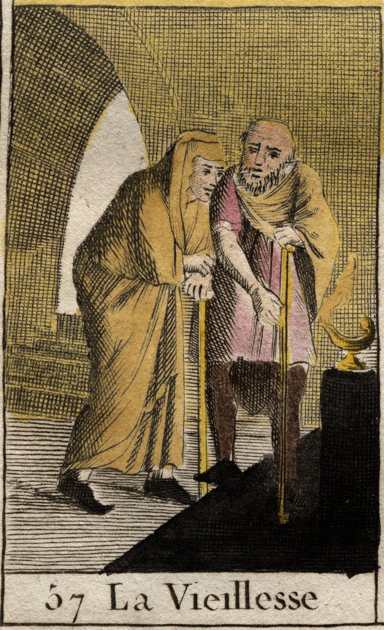 Representasjon av alderdom, gammel kvinne lener seg på en pinne. (Representasjon av alderdommen, hun hviler på en pinne). Fra "Mythology of Youth" av Pierre Blanchard 1803. av French School